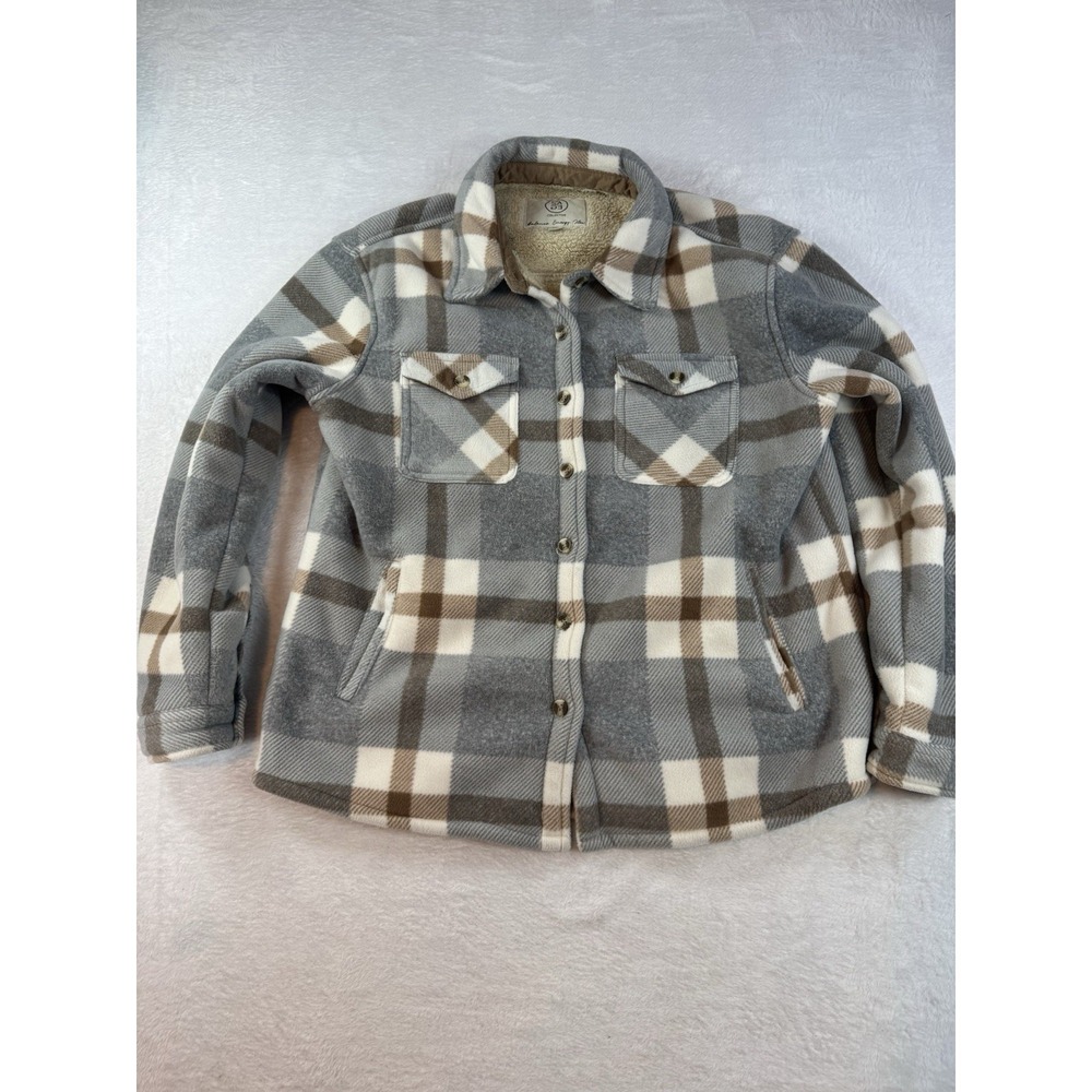 Sage Collective Fleece Jacket Womens L Gray Plaid Sherpa Lined Button Up Warm
